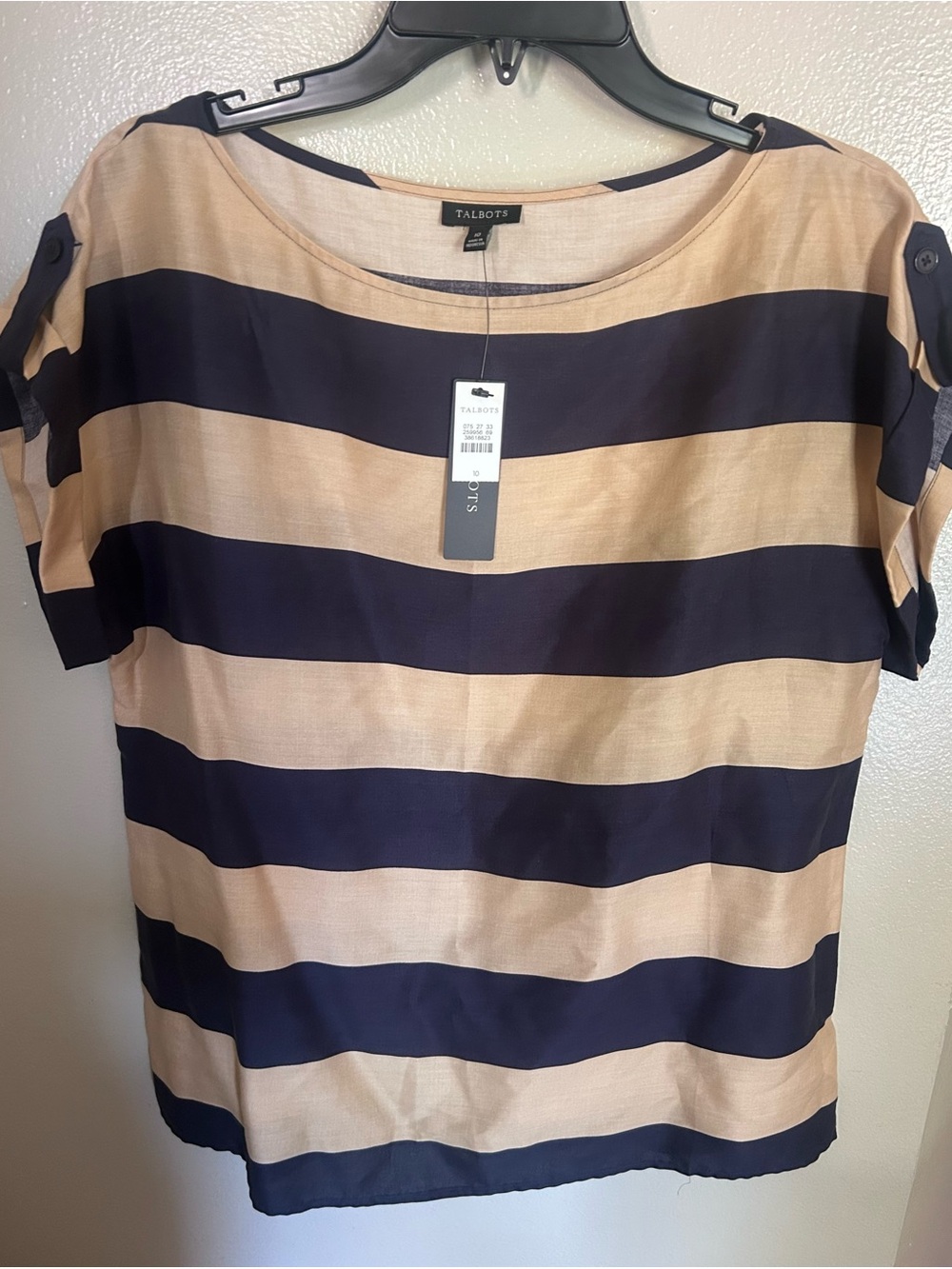 NWT Talbots Navy/Beige Blouse Striped Boat Neck Dolman Sleeve 100% Lyocell Top